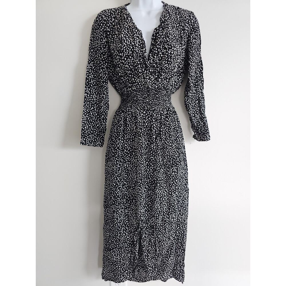 Maje Midi Dress Womens Medium Black Shirred Smocked Waist Timeless Flowy Preppy